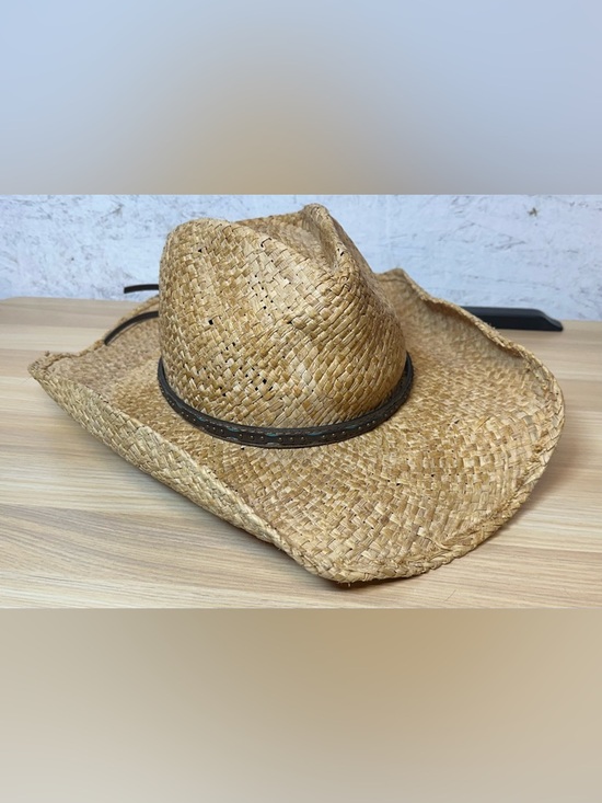 Scala Accessories - Scala Natural Straw Cowboy Hat with Brown/faux Turquoise Studded Band Sz L